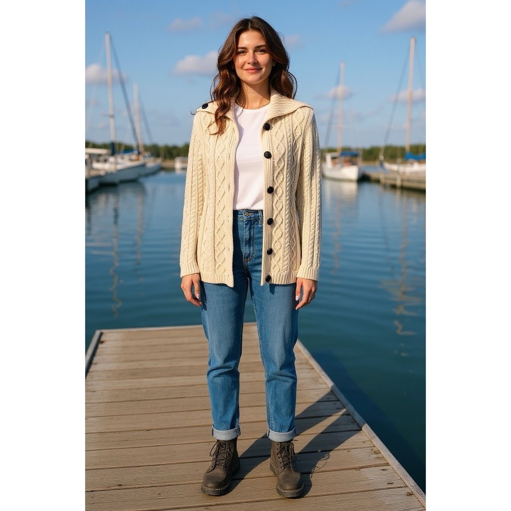 Cable Knit Cardigan Sweater Womens L Buttons Nautical Coastal Fisherman Chunky
